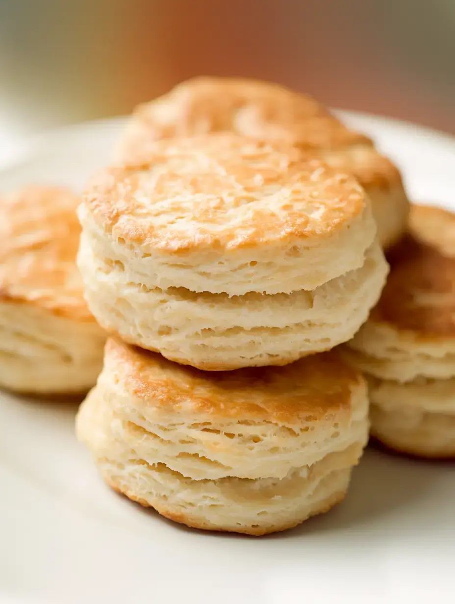 A stack of golden, flaky biscuits on a white plate.