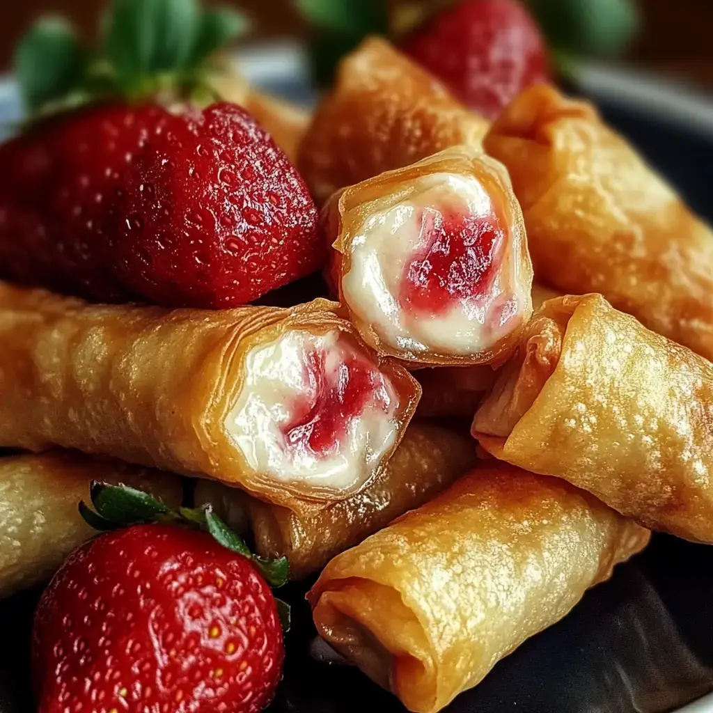 A close-up of crispy rolled pastries filled with a creamy white filling and red fruit, accompanied by fresh strawberries.