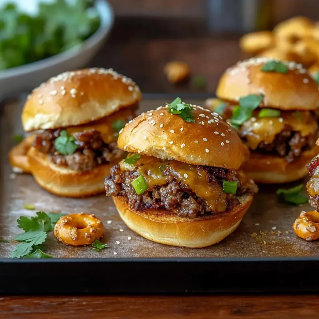 Three cheesy beef sliders topped with green onions and cilantro on a wooden tray, accompanied by a bowl of cilantro and some snacks.