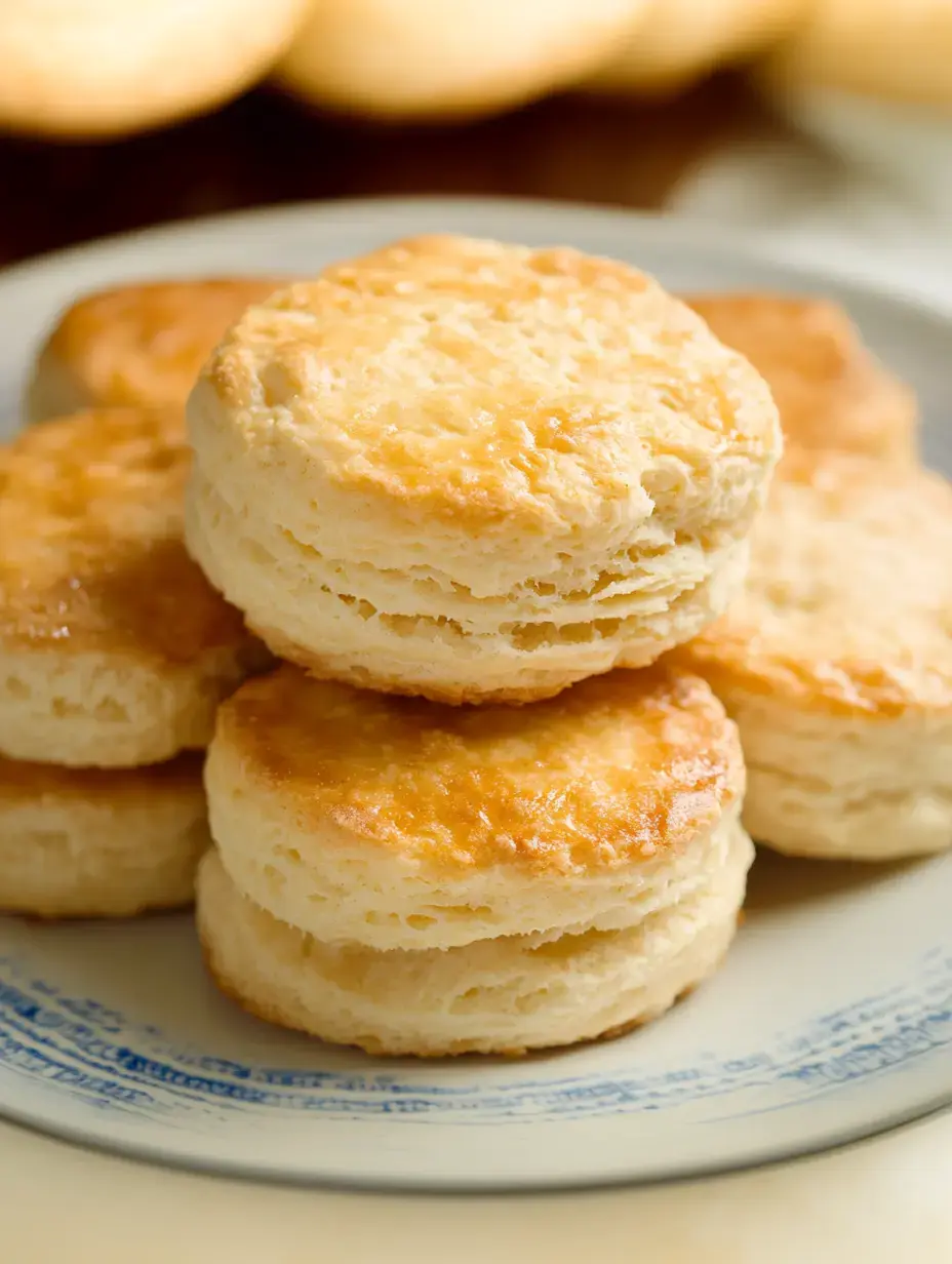 A close-up of fluffy, golden-brown biscuits stacked on a decorative plate.