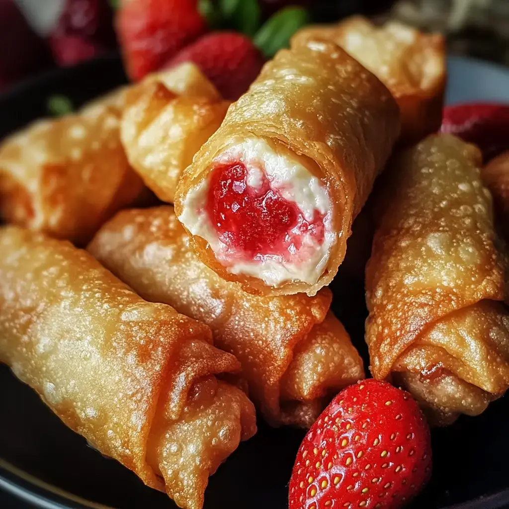 A close-up of crispy fried rolls filled with a creamy strawberry mixture, surrounded by fresh strawberries.