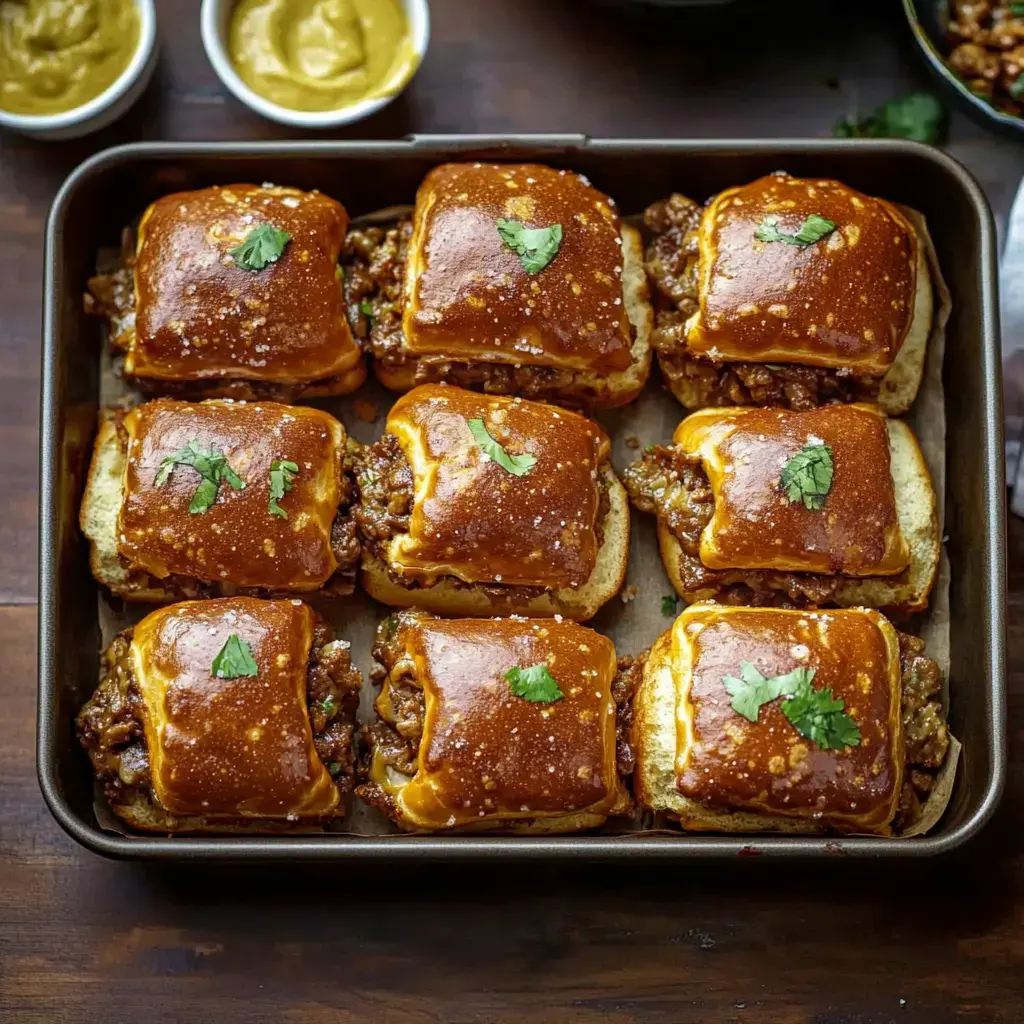 A tray of freshly baked slider sandwiches topped with cilantro, with bowls of mustard on the side.