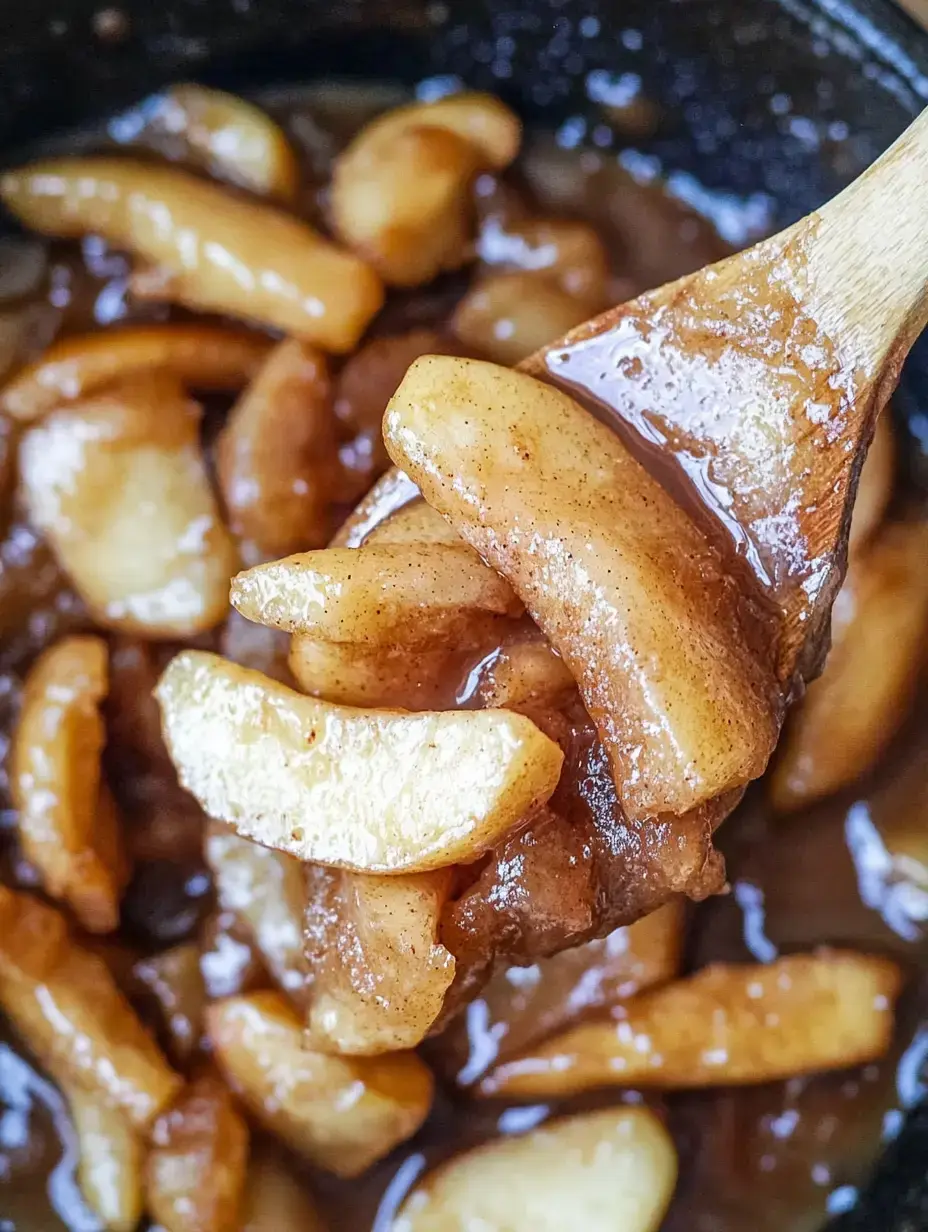 A wooden spoon holds a portion of cooked cinnamon-spiced apple slices in a dark sauce, with more apple slices visible in the background.