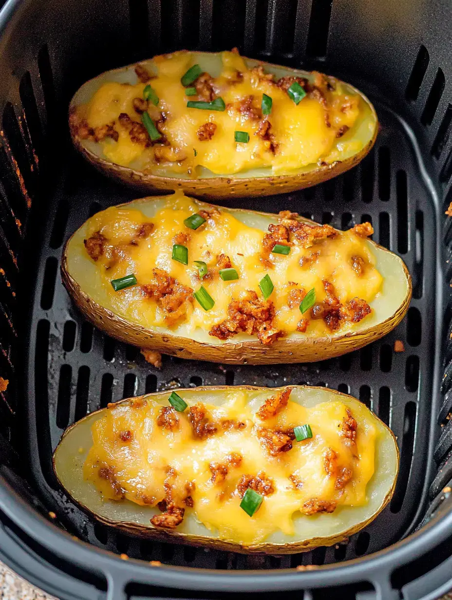 Three loaded baked potatoes topped with melted cheese and chopped green onions, placed inside an air fryer basket.