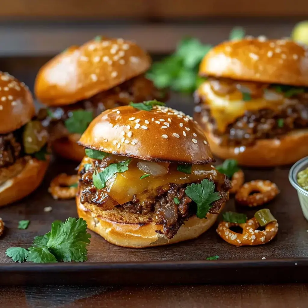 A close-up of several sesame seed-topped sliders filled with beef, melted cheese, and fresh herbs, served on a wooden platter alongside pretzel snacks and a small dish of sauce.