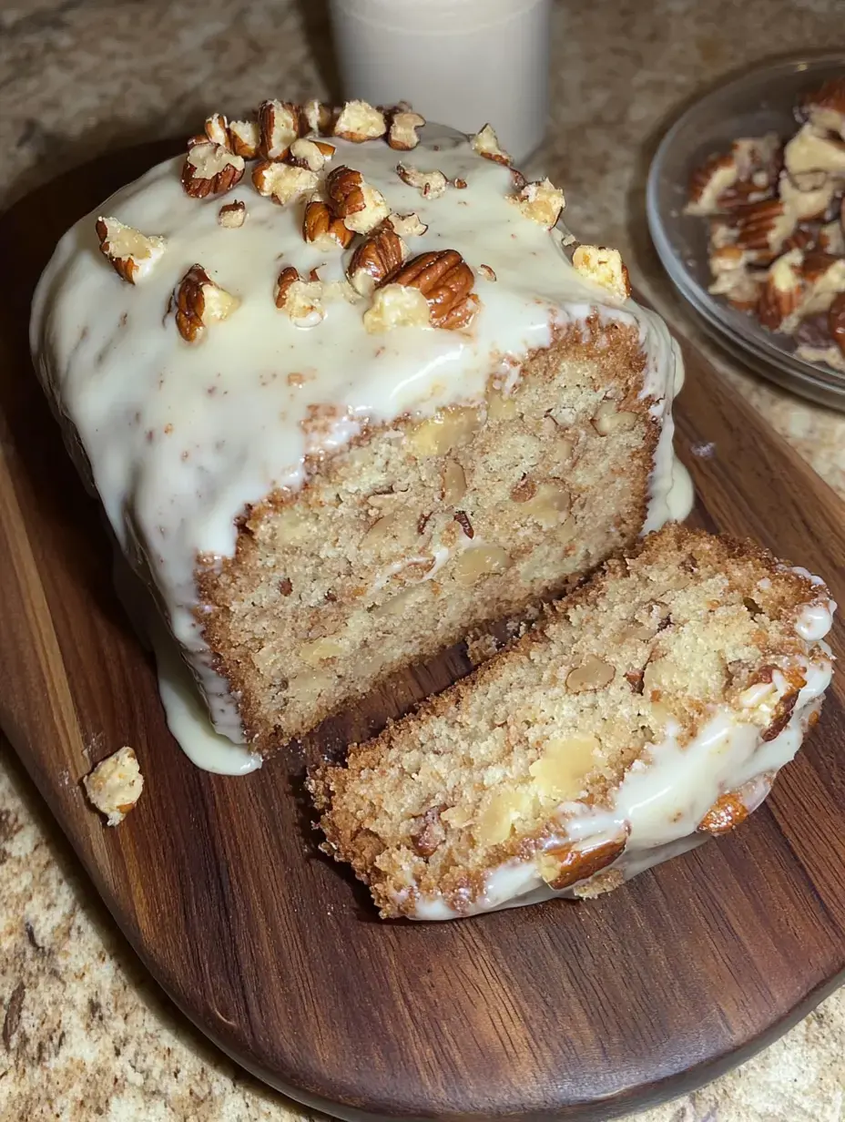 A sliced loaf cake topped with a white glaze and chopped nuts, presented on a wooden cutting board.