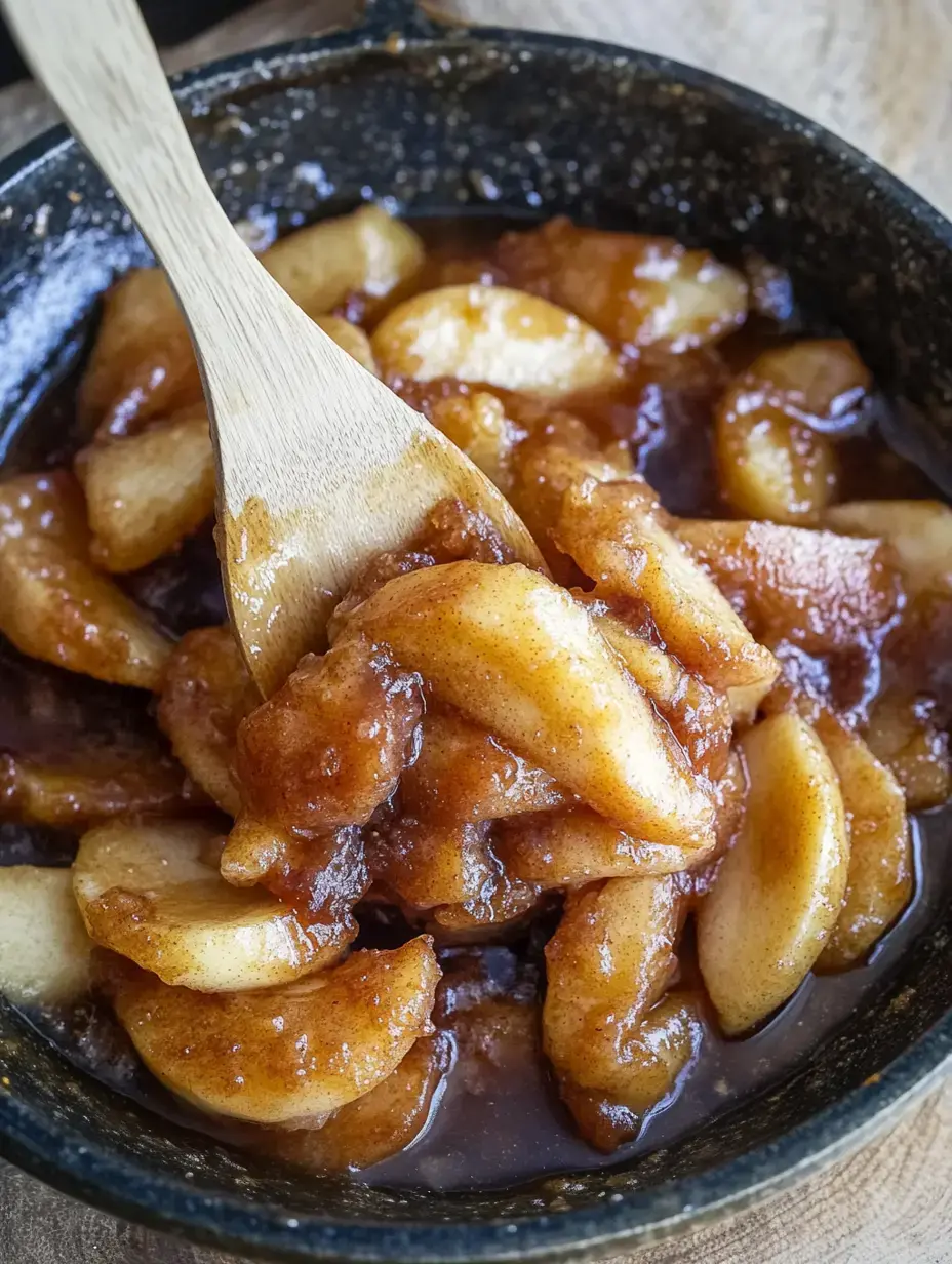 A close-up of caramelized apple slices in a black skillet, stirred with a wooden spoon.