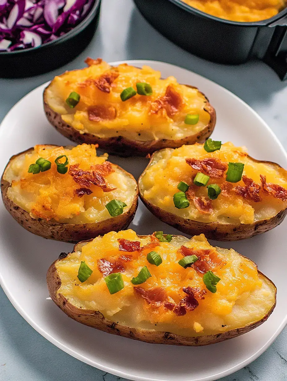 A plate of four stuffed baked potatoes topped with cheese, bacon bits, and green onions, accompanied by bowls of sliced red cabbage and a creamy dish in the background.