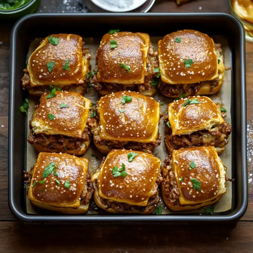 A tray of savory sliders with a golden-brown, soft bun, filled with meat and garnished with fresh herbs.