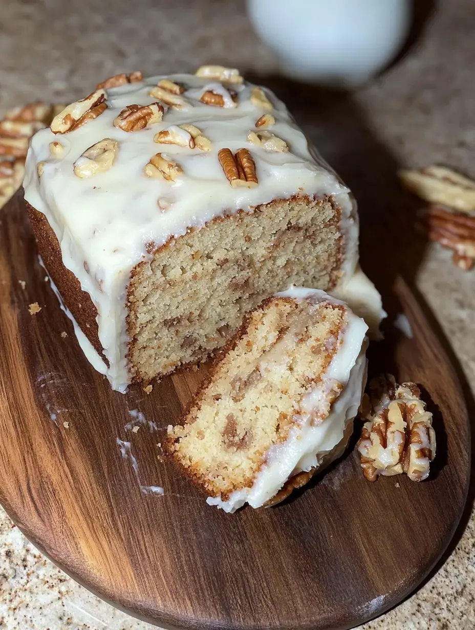 A sliced loaf cake with cream icing and chopped pecans on top is displayed on a wooden cutting board.