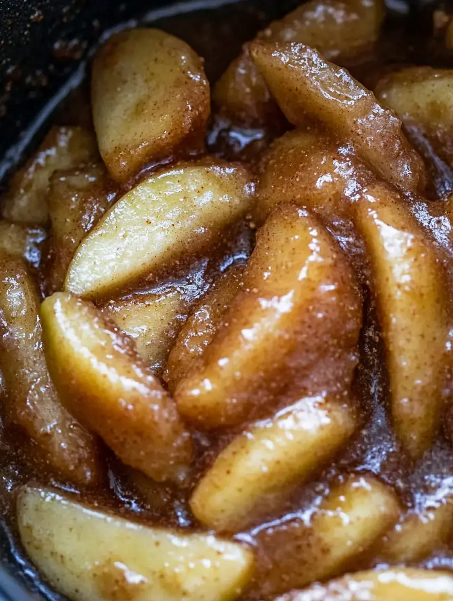 A close-up of cooked cinnamon apples in a glossy brown sauce.