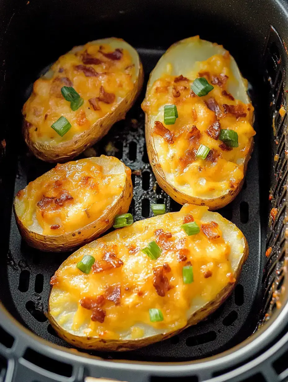 Four baked potato halves topped with melted cheese, bacon bits, and green onions, placed in an air fryer basket.