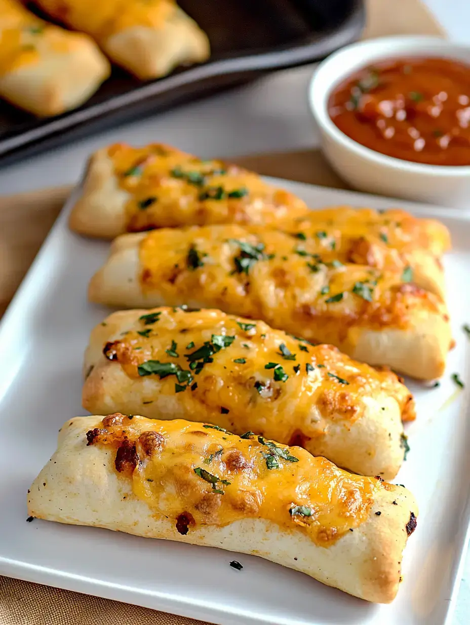 A plate of four cheesy bread sticks, topped with melted cheese and herbs, served with a small bowl of marinara sauce.