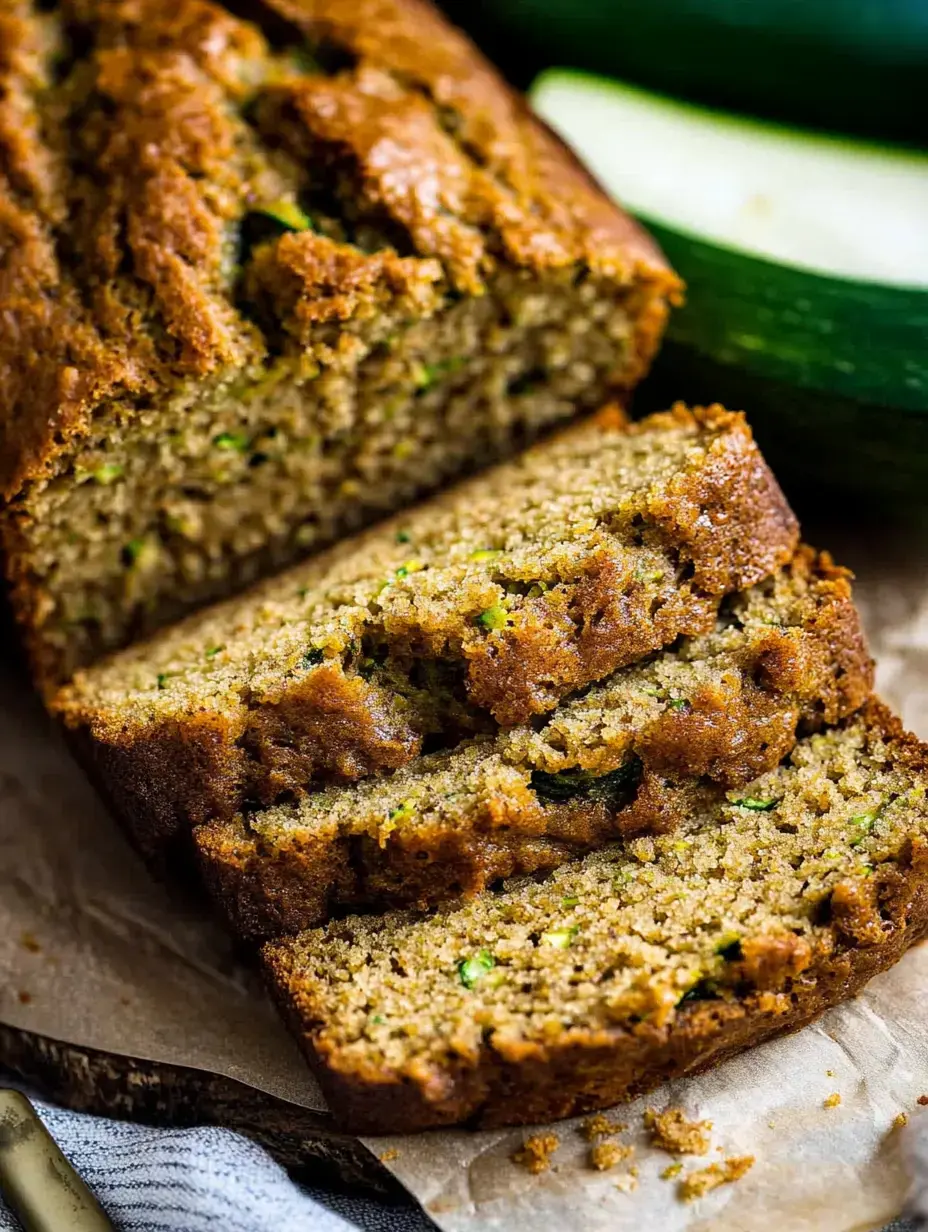 A freshly baked loaf of zucchini bread, sliced and displayed with whole zucchinis in the background.