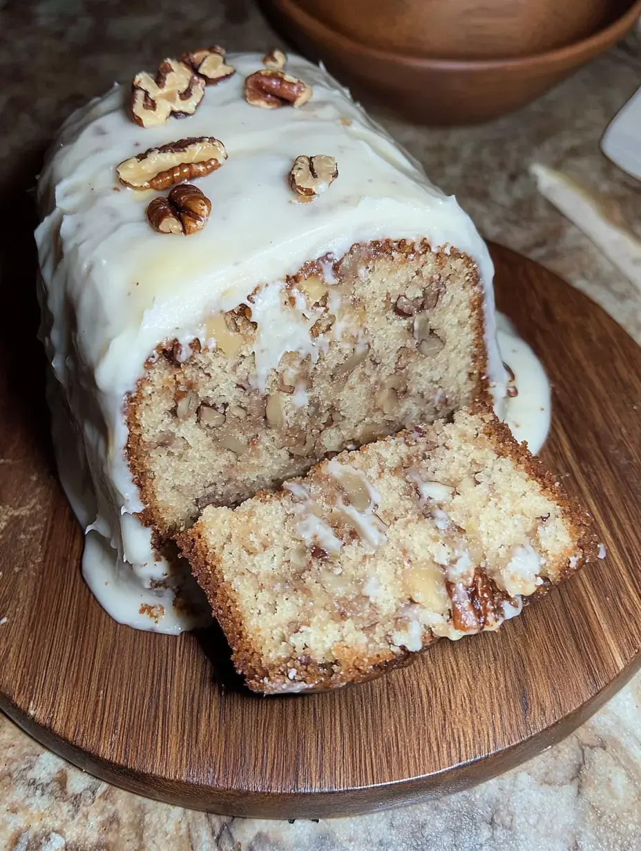 A sliced loaf cake topped with white icing and pecans, resting on a wooden plate.