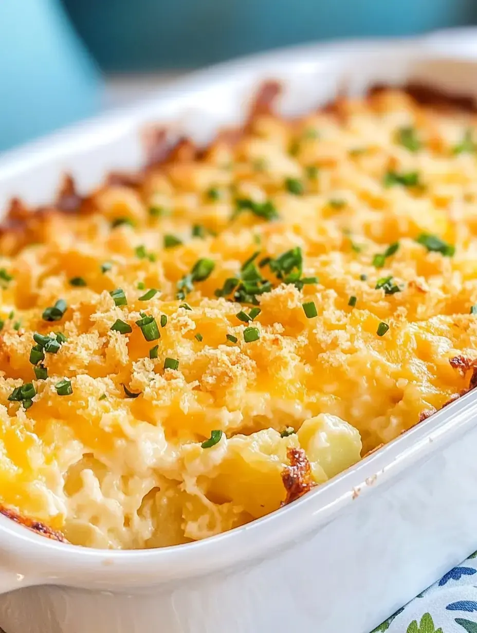 A close-up of a baked dish topped with golden breadcrumbs and chives, showcasing creamy pasta and a crispy cheese layer.