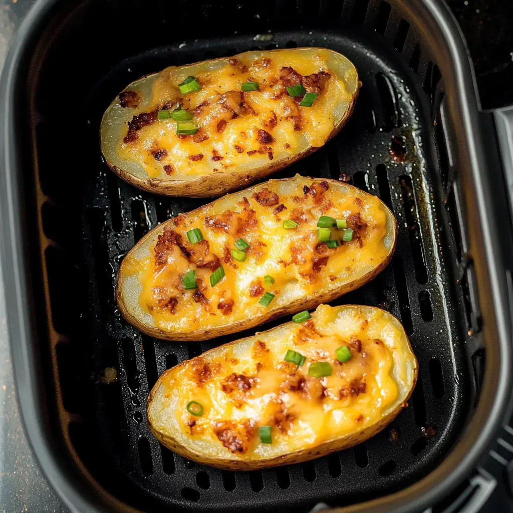 Three loaded baked potatoes topped with melted cheese and green onions are placed in an air fryer basket.