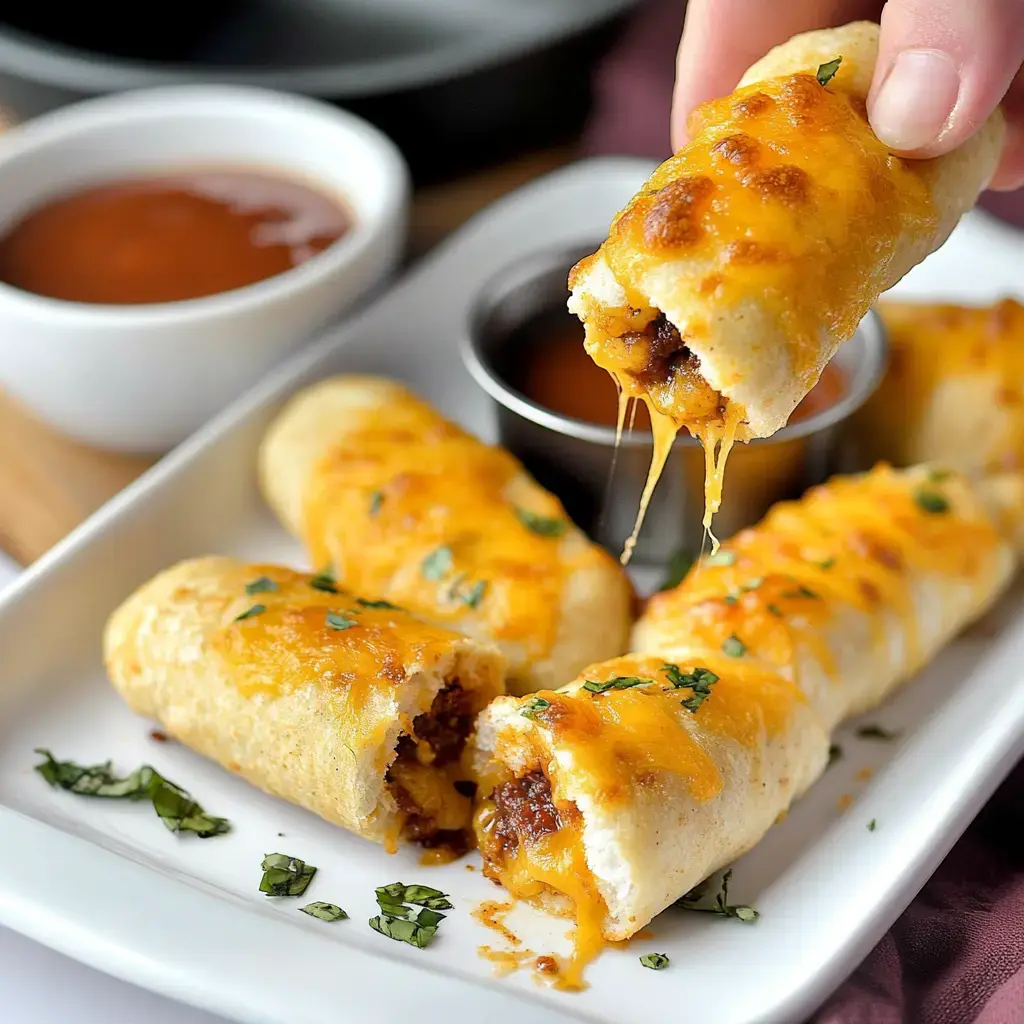 A hand is lifting a cheesy, meat-filled roll from a plate, with several similar rolls and dipping sauces in the background.