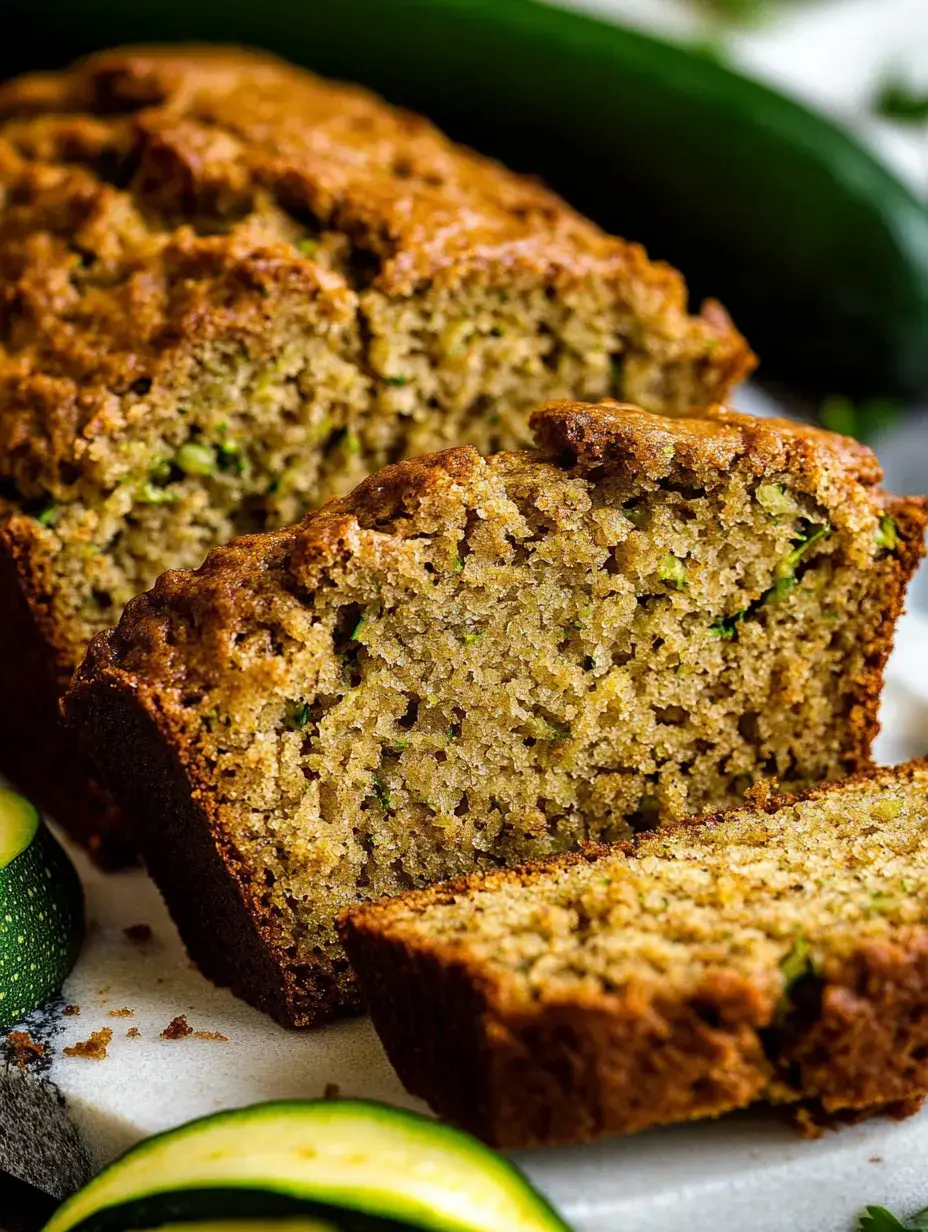 A freshly baked zucchini bread loaf with slices cut, showcasing its moist texture and flecks of zucchini.