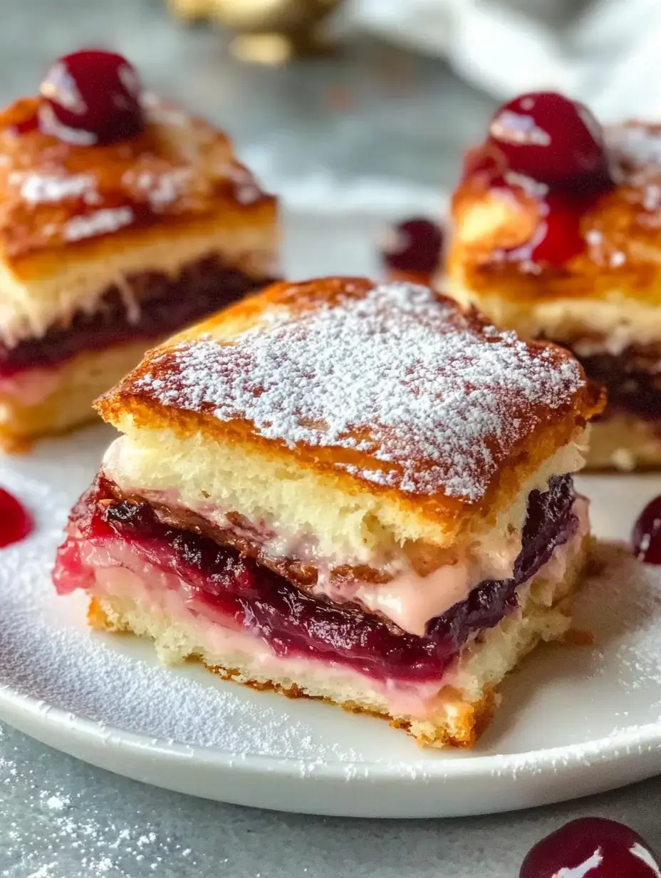 A slice of layered dessert with cream and fruit filling, topped with powdered sugar and a cherry, served on a white plate.