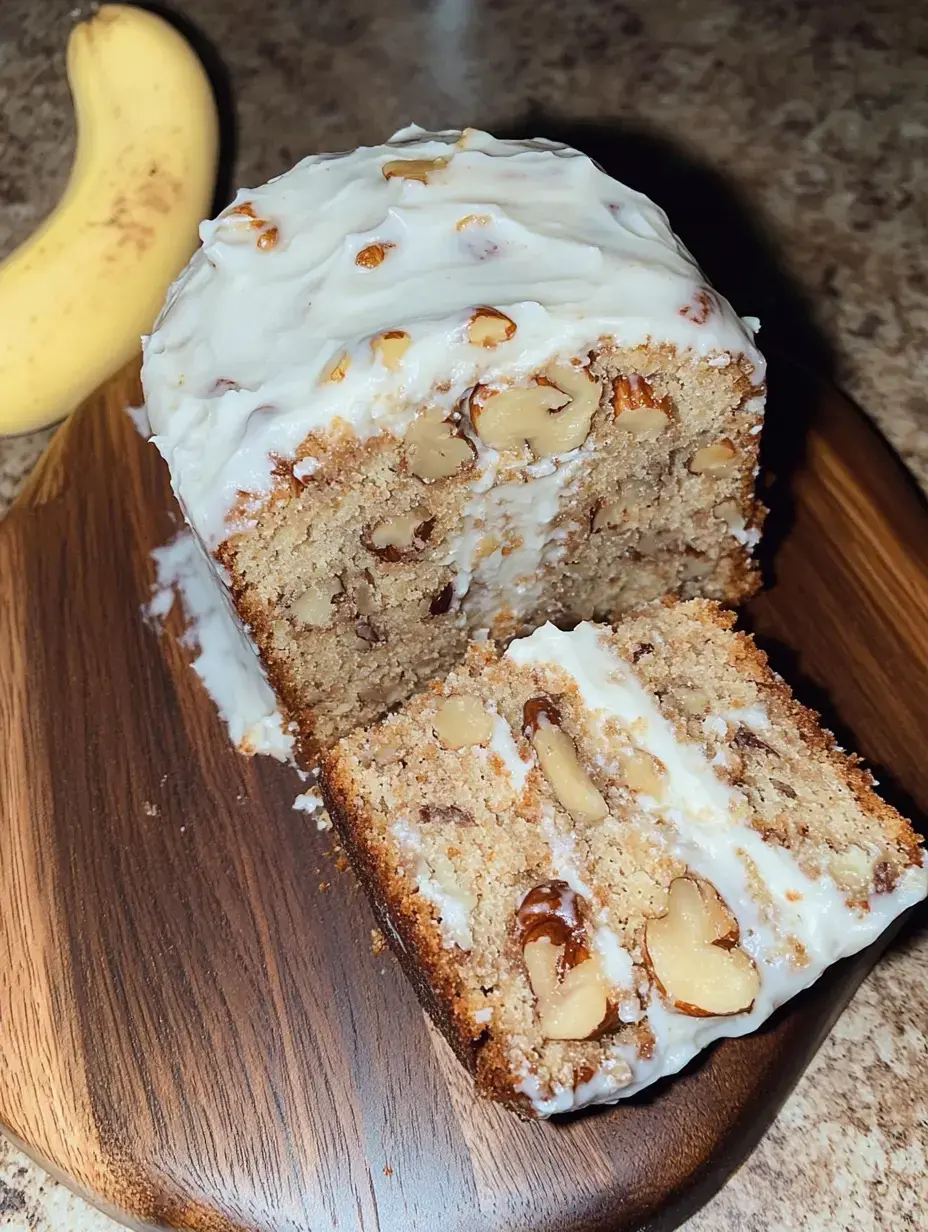 A sliced loaf cake topped with cream cheese frosting and walnuts is displayed on a wooden board next to a banana.