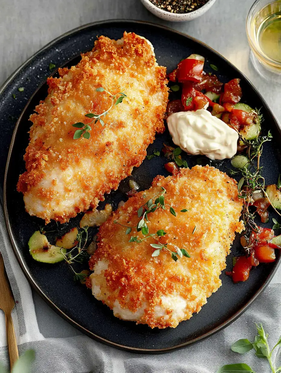 A black plate holds two crispy, breaded fish fillets garnished with herbs, accompanied by a side of fresh tomato and cucumber salad, and a dollop of mayonnaise.