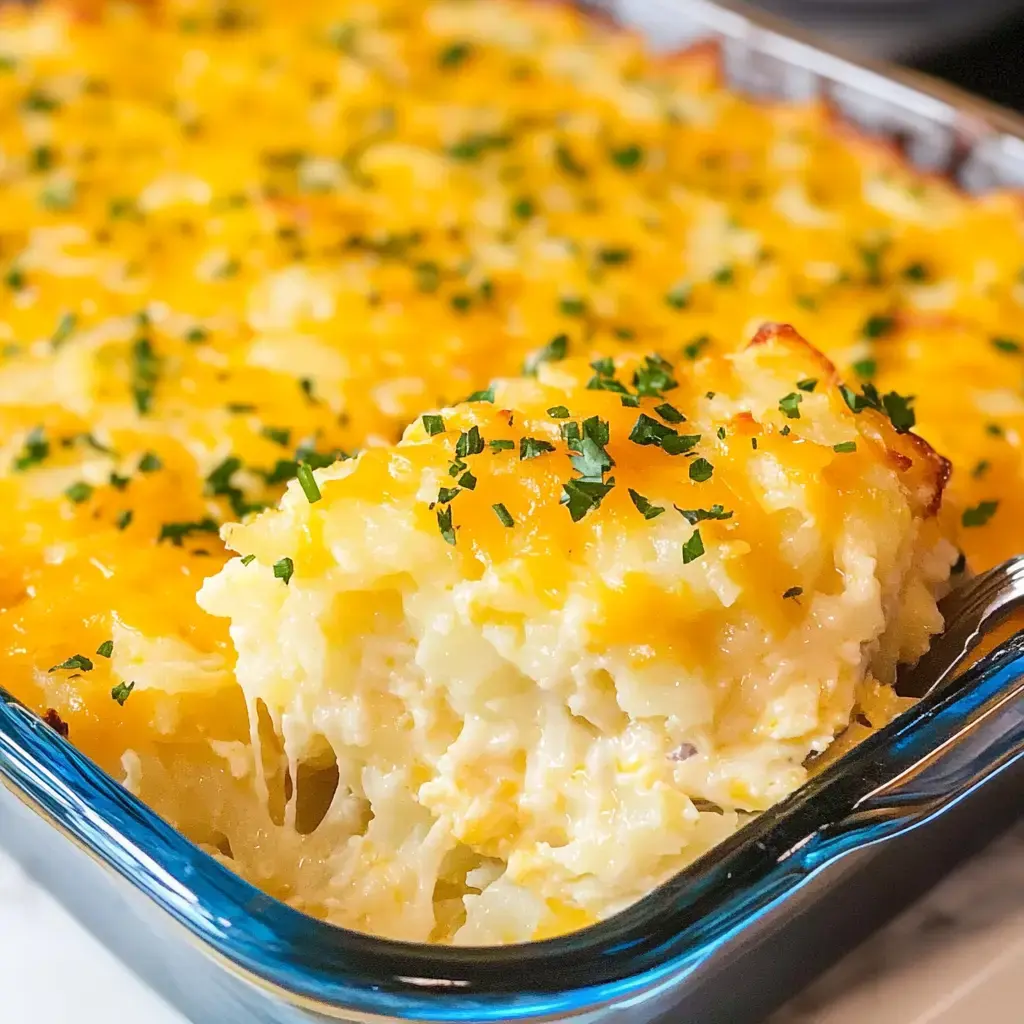 A close-up of a cheesy potato casserole topped with melted cheddar cheese and sprinkled with chopped parsley in a glass baking dish.