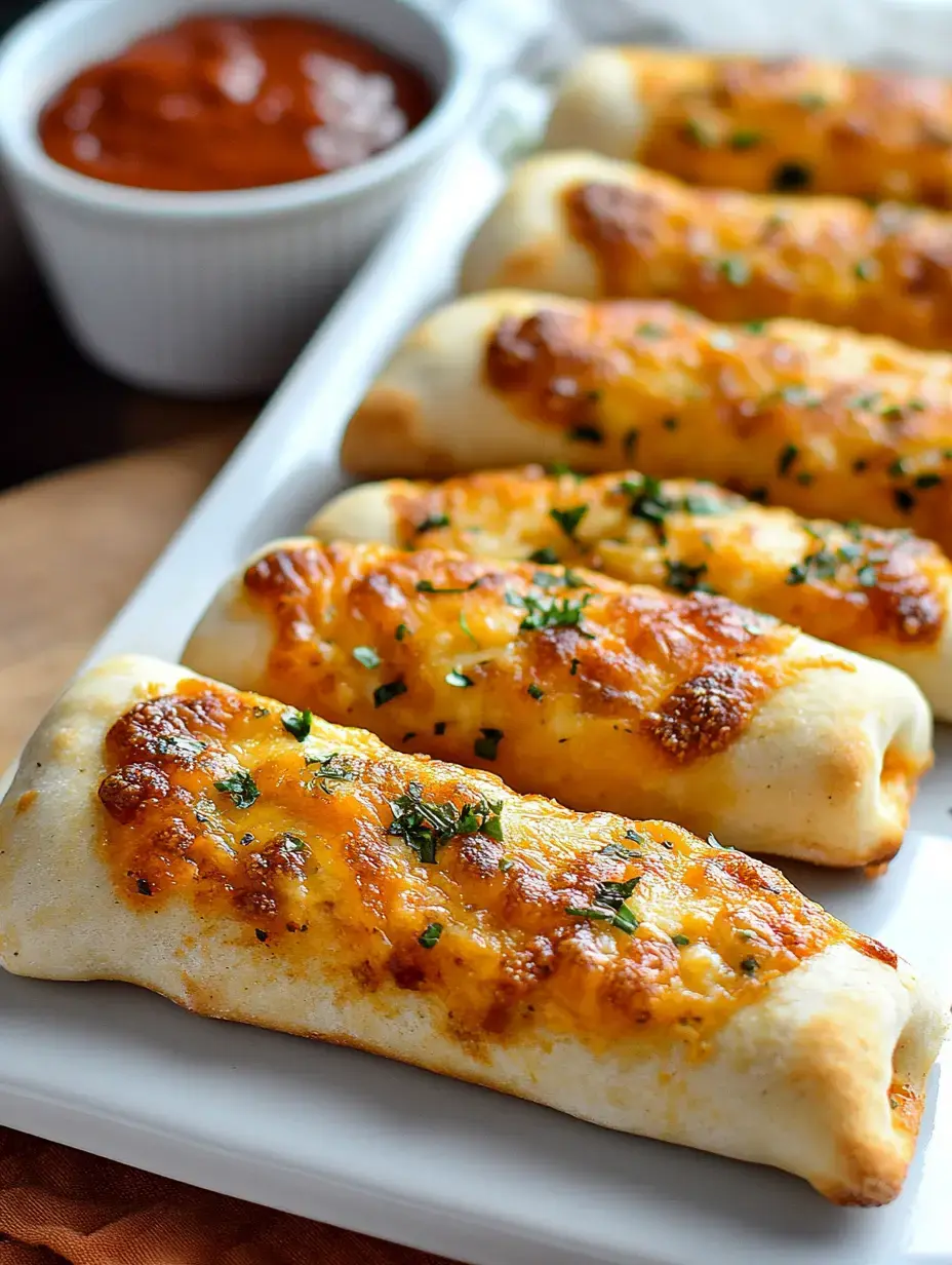 A plate of golden-brown, cheese-stuffed breadsticks garnished with herbs, accompanied by a small bowl of marinara sauce.