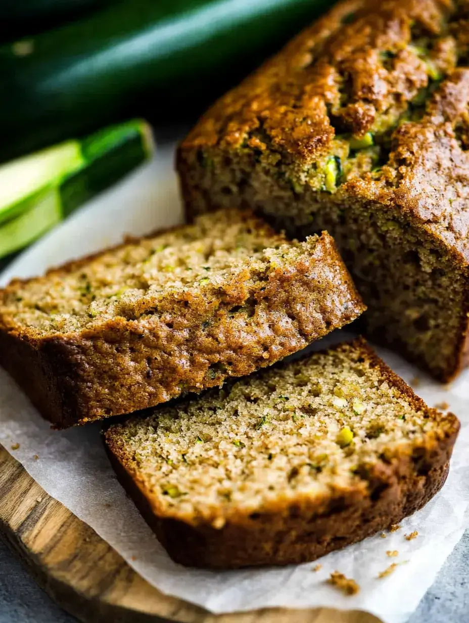 A freshly baked loaf of zucchini bread with slices cut on a wooden board, accompanied by whole zucchinis in the background.