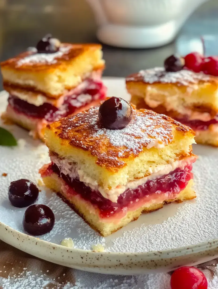 A close-up image of layered dessert squares filled with cream and fruit preserves, topped with a cherry and dusted with powdered sugar.