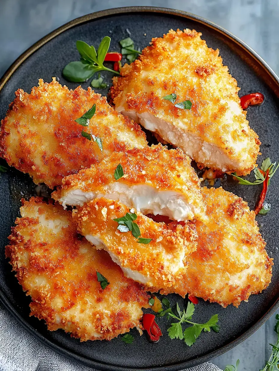 A plate of golden, crispy breaded chicken pieces garnished with fresh herbs and chili peppers.