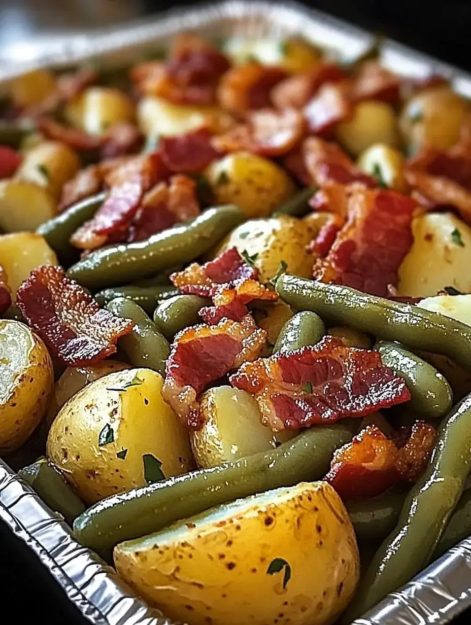 A close-up image of roasted baby potatoes and green beans topped with crispy bacon in a foil tray.