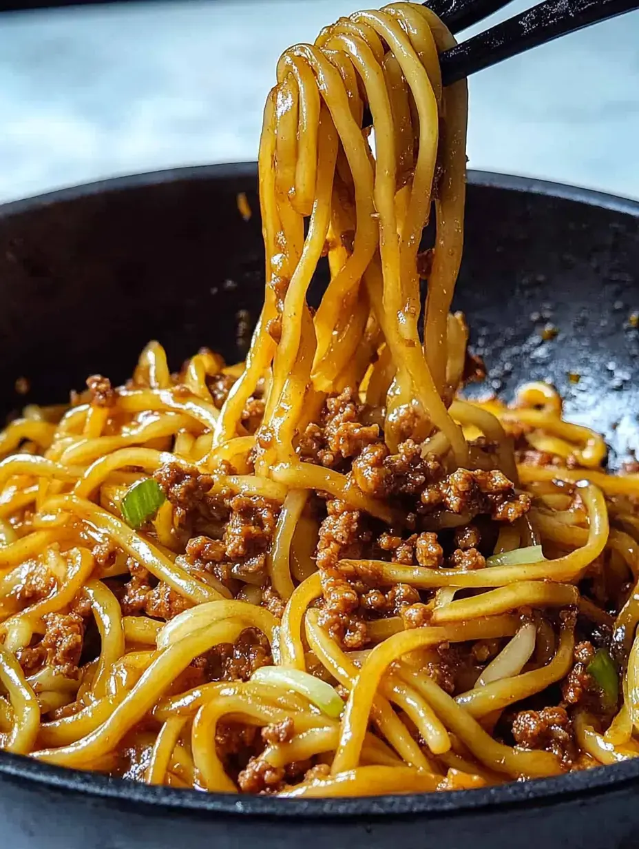 A close-up image of thick noodles being lifted with chopsticks, mixed with cooked ground meat, in a dark bowl.