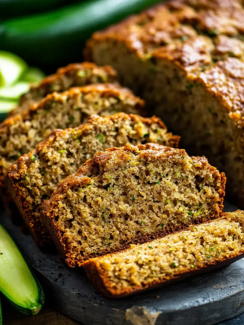 A sliced loaf of zucchini bread is showcased on a dark surface, with whole zucchini in the background.