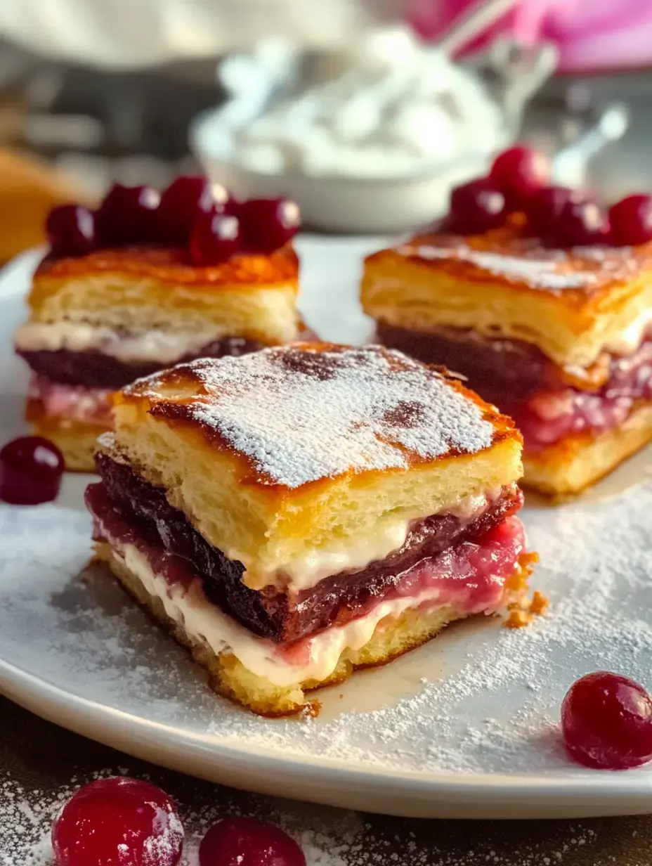 A close-up of layered pastry squares filled with cream and fruit preserves, topped with cherries and dusted with powdered sugar on a white plate.