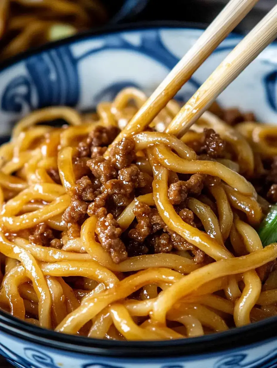 A close-up of a bowl of savory stir-fried noodles topped with minced meat, being picked up with chopsticks.