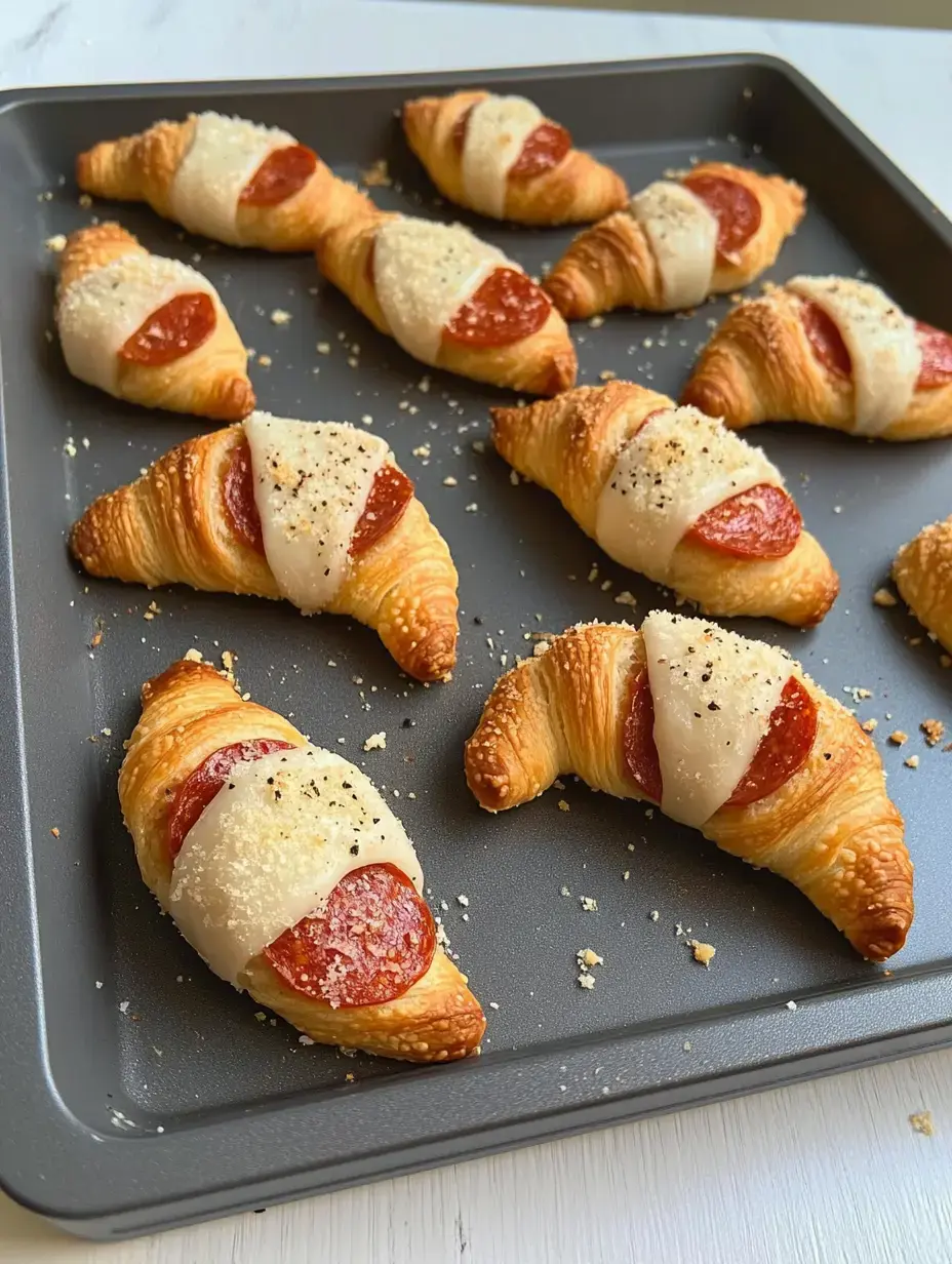 A tray of golden-brown crescent pastries topped with pepperoni and melted cheese, sprinkled with black pepper.