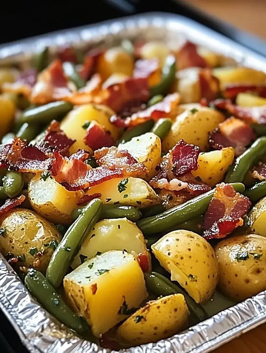 A foil tray filled with diced potatoes, green beans, and crispy bacon, garnished with herbs.