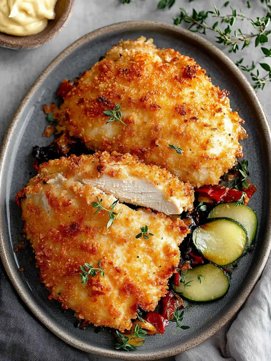 A plate of golden, breaded chicken breasts garnished with fresh thyme, served with sautéed vegetables and a side of mayonnaise.