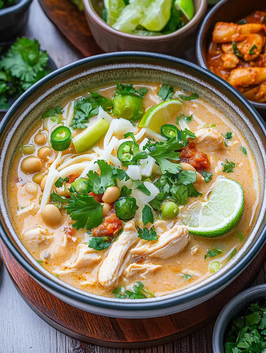 A bowl of creamy chicken soup garnished with fresh cilantro, lime wedges, sliced jalapeños, and noodles, accompanied by bowls of fresh lime, lettuce, and spicy side dishes.