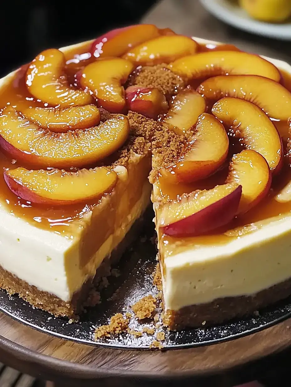 A creamy cheesecake topped with glossy peach slices and a caramel glaze, with a slice cut out and resting nearby.