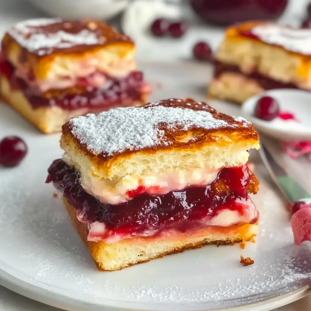 A close-up of a layered dessert featuring a soft pastry with cream and berry jam, dusted with powdered sugar on a white plate.