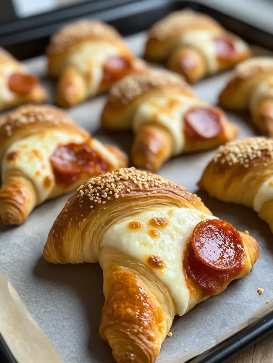 A tray of baked croissants filled with cheese and topped with slices of pepperoni, sprinkled with sesame seeds.