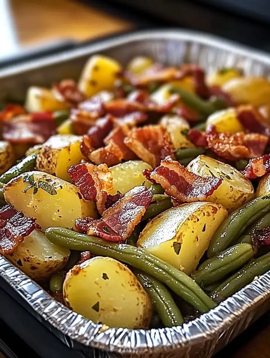 A close-up view of a tray filled with roasted potatoes, green beans, and crispy bacon.