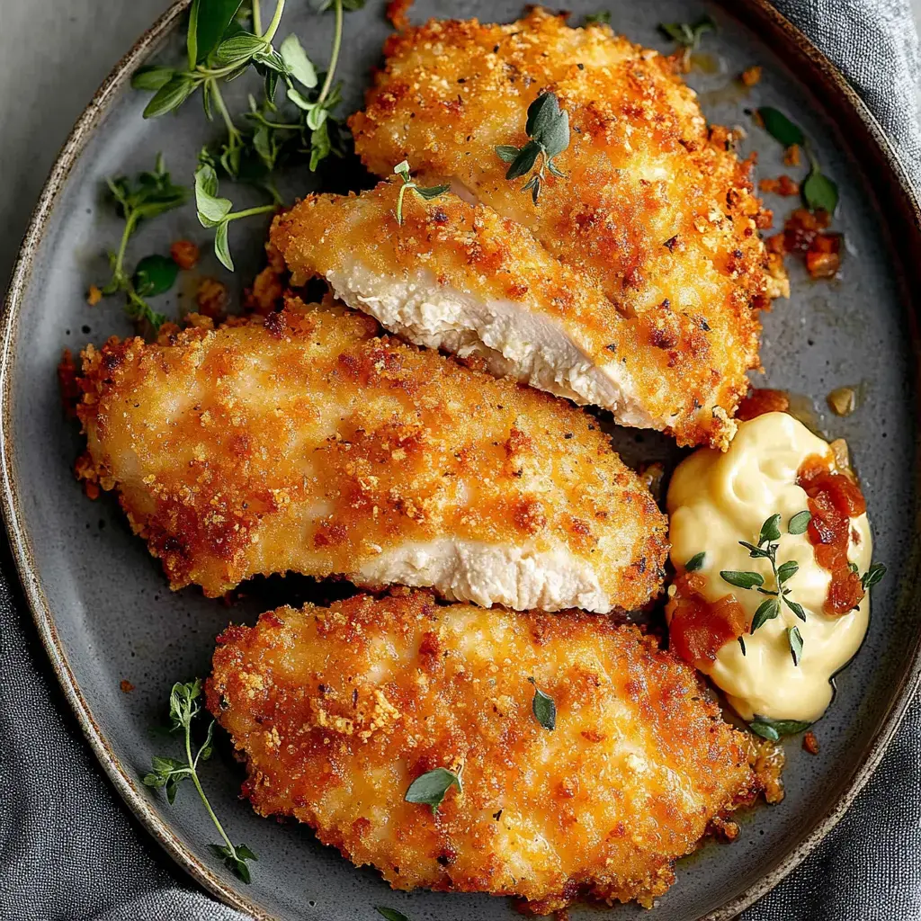 A plate of golden, breaded chicken fillets garnished with fresh herbs, served with a side of creamy sauce.