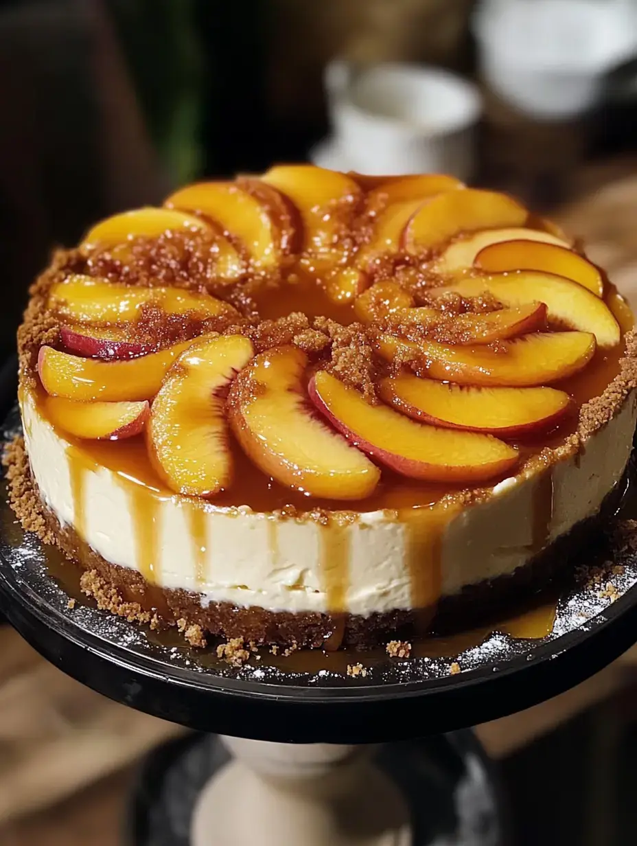 A beautifully decorated cheesecake topped with caramel sauce and fresh peach slices, sitting on a black cake stand.