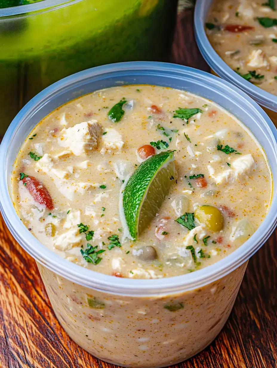 A close-up of a container filled with creamy chicken soup, garnished with a lime wedge and surrounded by additional containers on a wooden surface.