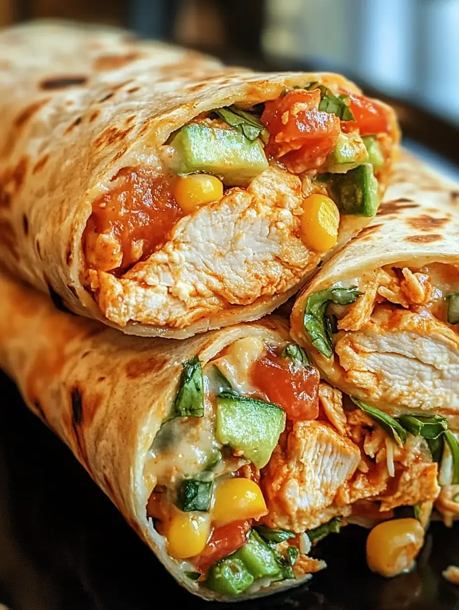 Close-up of two deliciously wrapped burritos filled with shredded chicken, vegetables, and salsa.