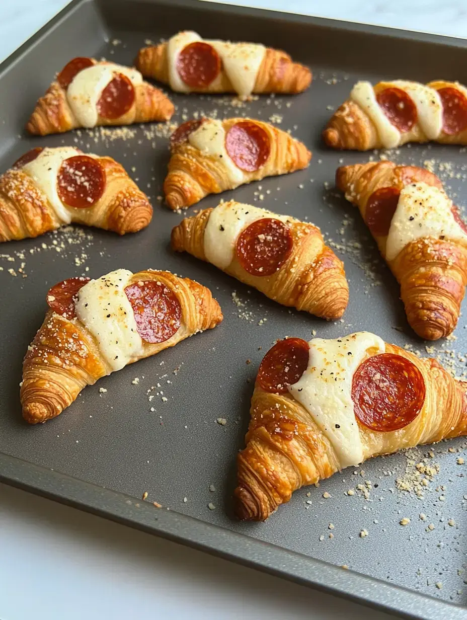 A tray of freshly baked croissants topped with slices of pepperoni and melted cheese.