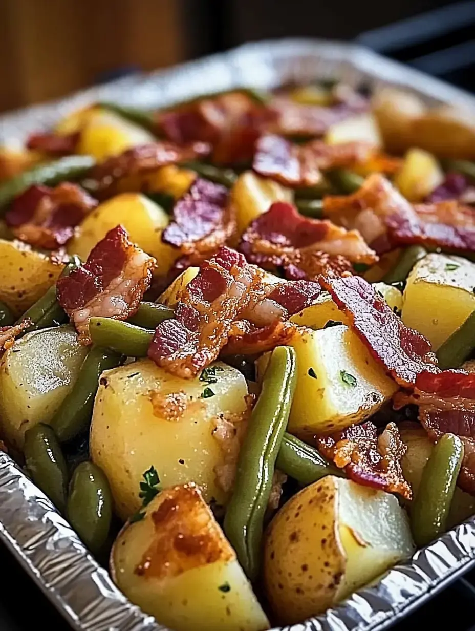 A close-up image of a dish featuring golden potatoes, green beans, and crispy bacon pieces, served in a foil pan.